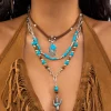 Bohemian Turquoise Beaded Western Cowboy Style Necklace For Women Retro Metal Cactus Cow Head Pendant Choker Fashion Jewelry