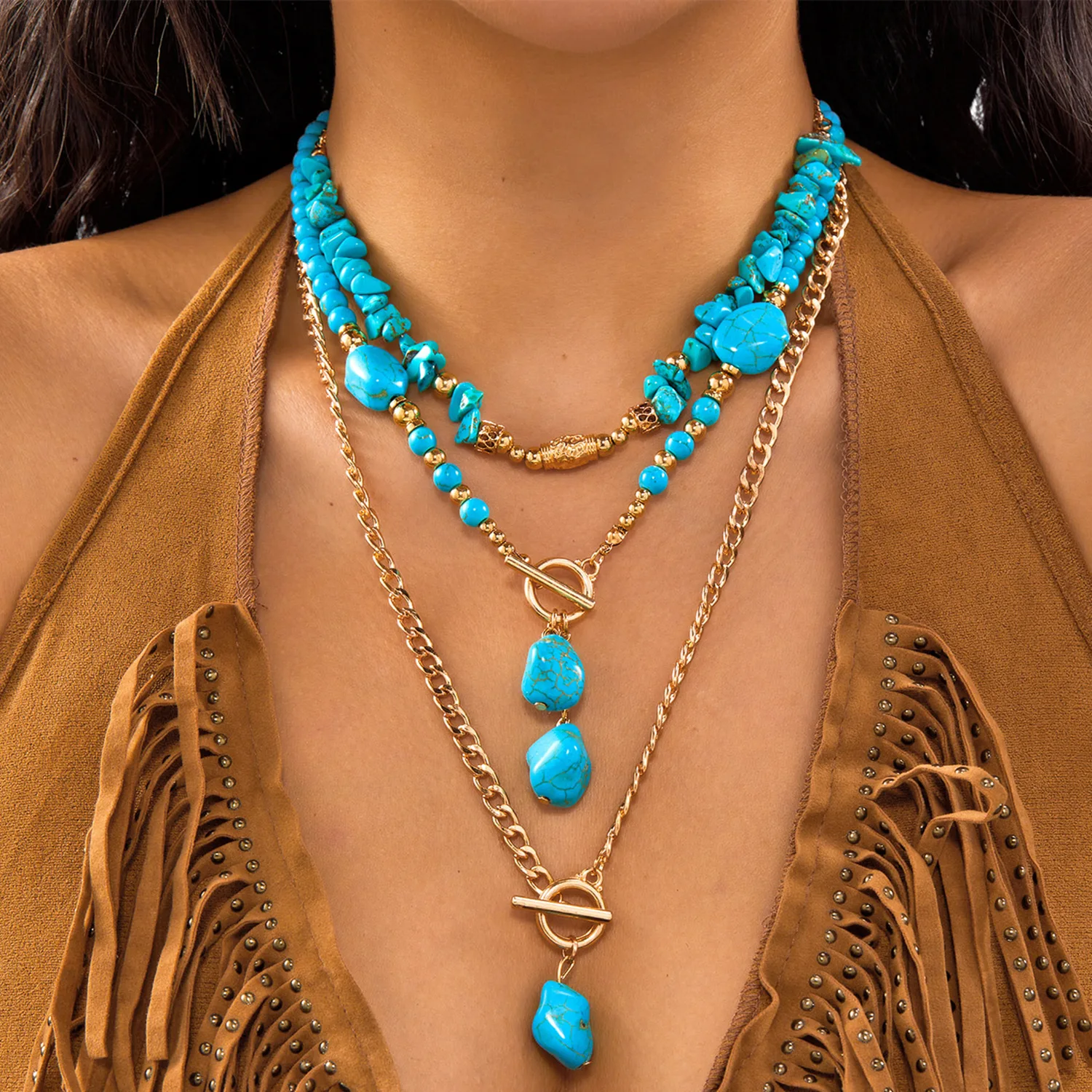 Bohemian Turquoise Beaded Western Cowboy Style Necklace For Women Retro Metal Cactus Cow Head Pendant Choker Fashion Jewelry - Image 4