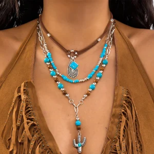 Bohemian Turquoise Beaded Western Cowboy Style Necklace For Women Retro Metal Cactus Cow Head Pendant Choker Fashion Jewelry