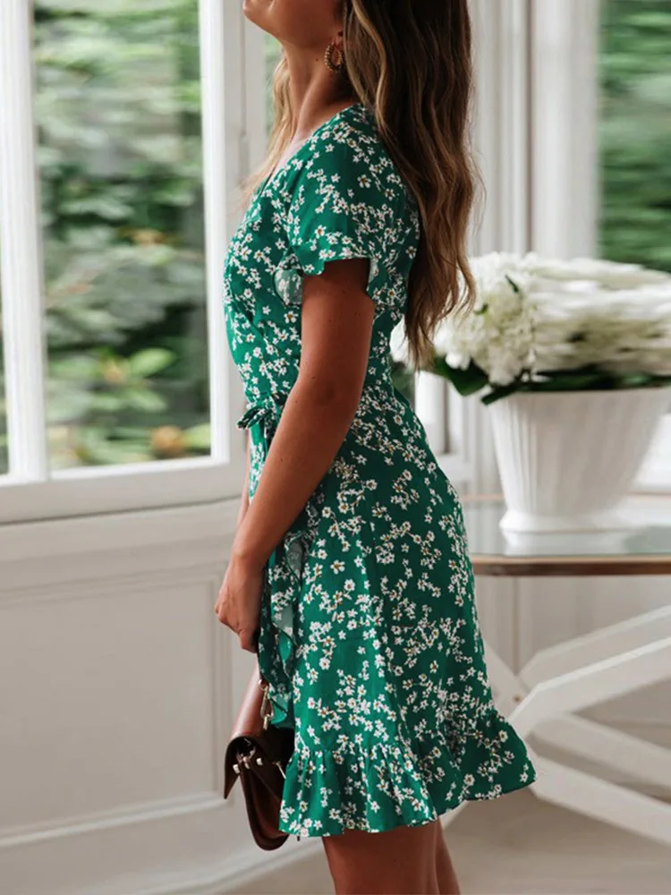 Boho Floral Print Ruffles Women Dress Summer Sexy V Neck Short Sleeve A Line Chiffon Mini Dresses Beach Vacation Sundress - Image 4
