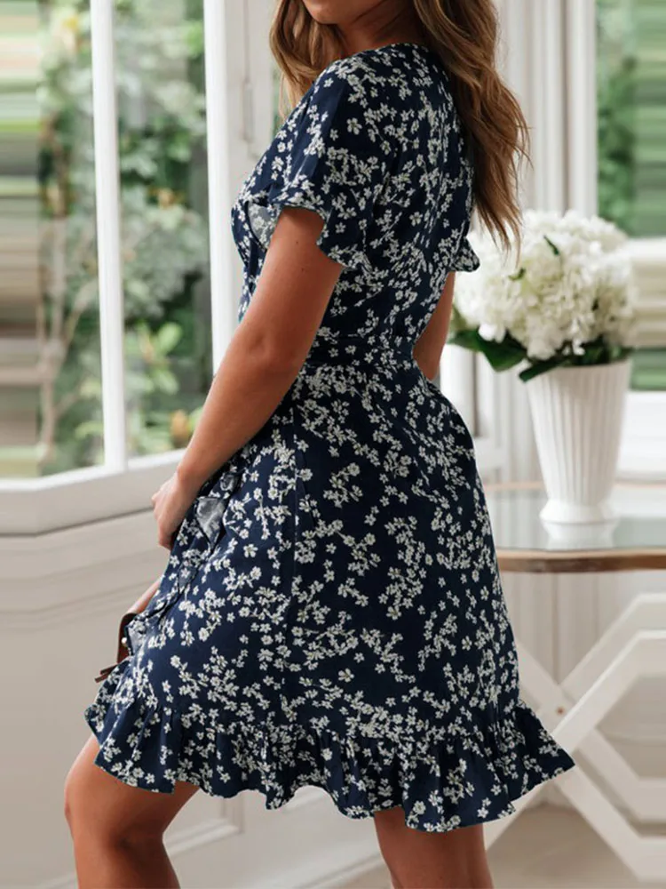 Boho Floral Print Ruffles Women Dress Summer Sexy V Neck Short Sleeve A Line Chiffon Mini Dresses Beach Vacation Sundress - Image 3