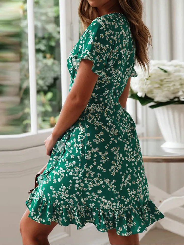 Boho Floral Print Ruffles Women Dress Summer Sexy V Neck Short Sleeve A Line Chiffon Mini Dresses Beach Vacation Sundress - Image 5