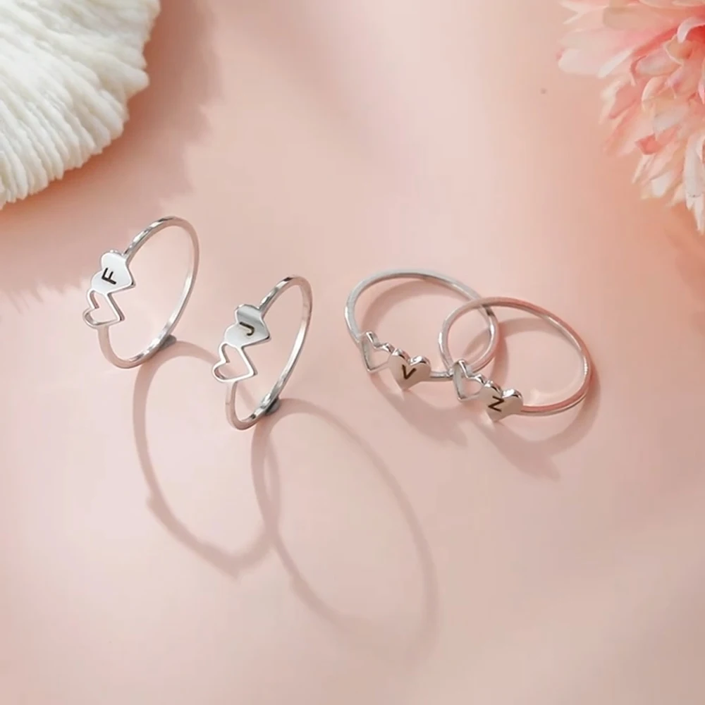 COOLTIME Initial Letter Ring for Women Stainless Steel A-Z Alphabet Double Heart Rings Simple Wedding Cheap Gift For Lover - Image 3