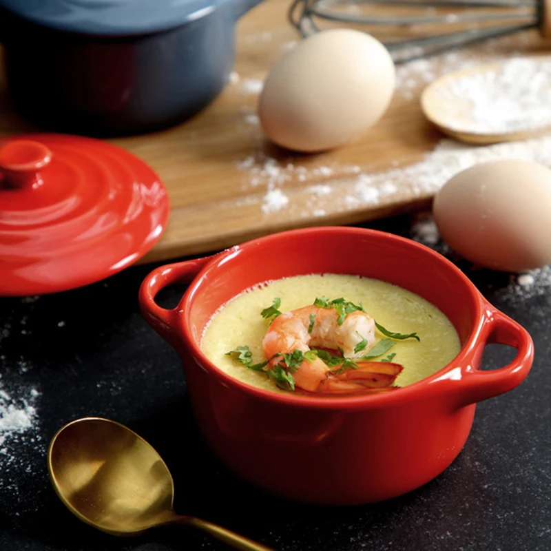Ceramic Glazed Double Ear Bowl with Lid Microwave Oven Baking Bowl Breskfast Steamed Egg Pudding Bowl 200ml Kitchen Tableware - Image 2