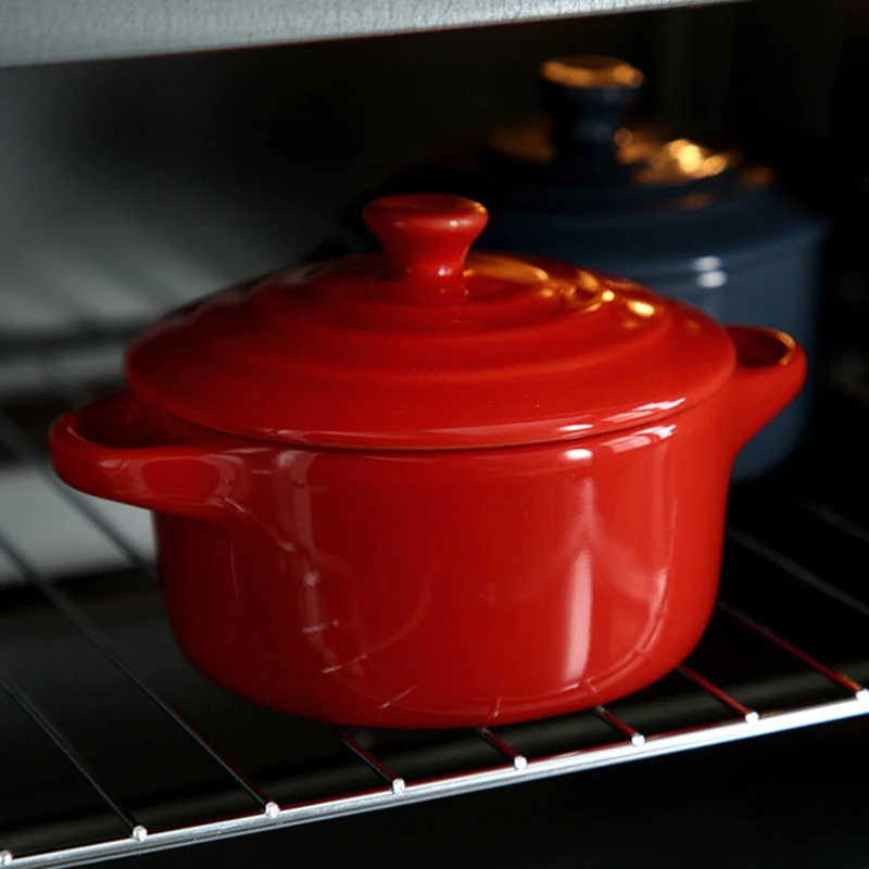 Ceramic Glazed Double Ear Bowl with Lid Microwave Oven Baking Bowl Breskfast Steamed Egg Pudding Bowl 200ml Kitchen Tableware - Image 3