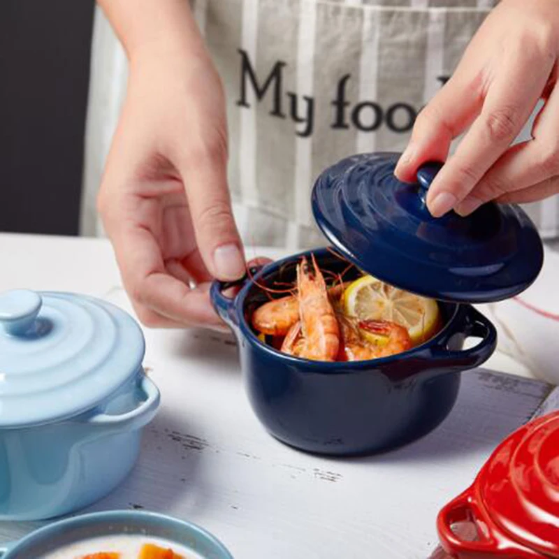 Ceramic Glazed Double Ear Bowl with Lid Microwave Oven Baking Bowl Breskfast Steamed Egg Pudding Bowl 200ml Kitchen Tableware - Image 5