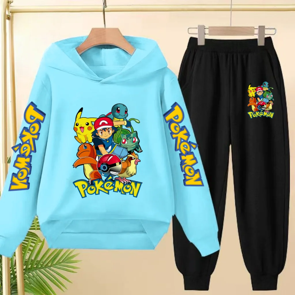 Children Kawaii Pokemons Long sleeves Hoodie Boy Girl 3-12Yrs Clothing Pikachu Sweatshirt Top+Pants Two-piece Casual Jogging Set - Image 4
