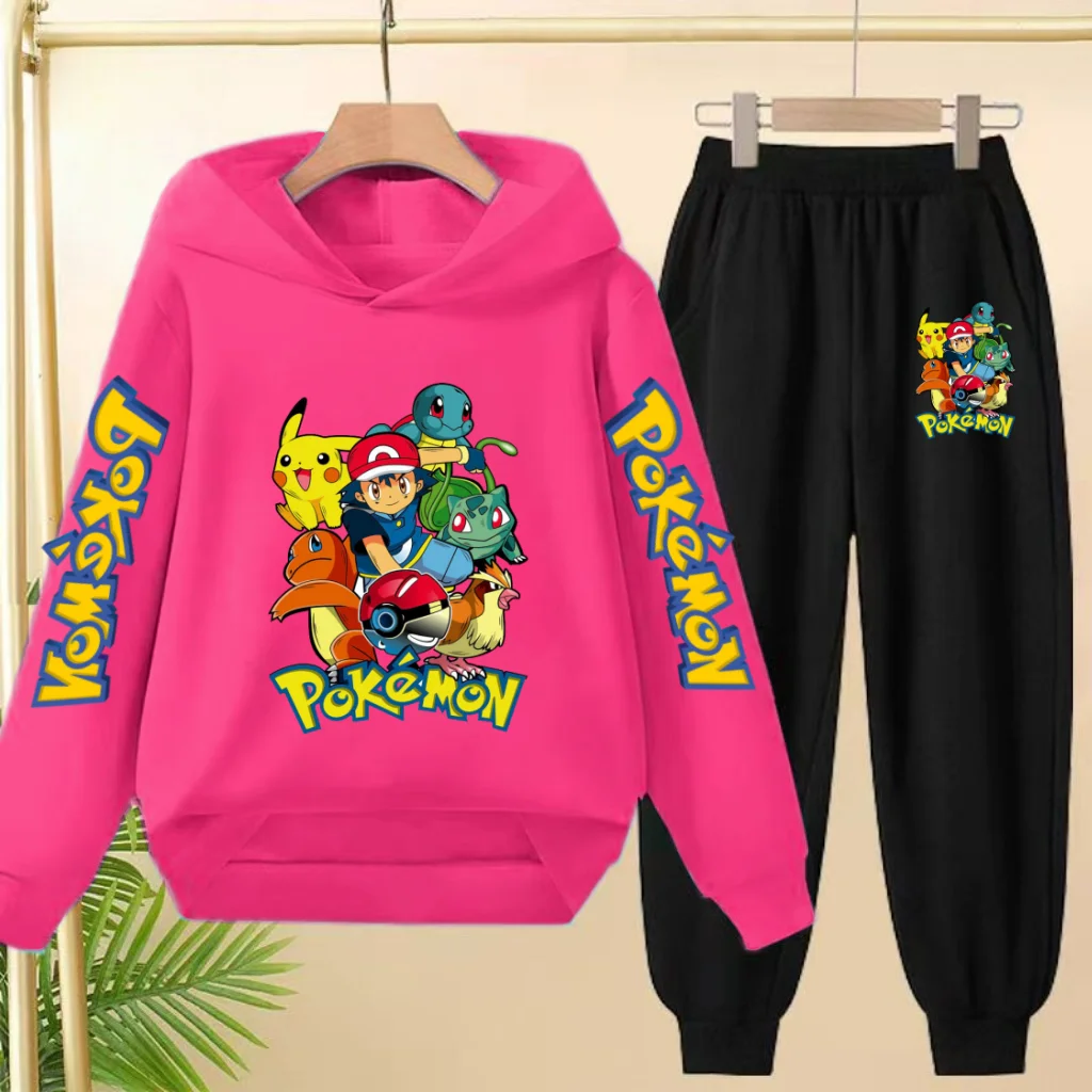 Children Kawaii Pokemons Long sleeves Hoodie Boy Girl 3-12Yrs Clothing Pikachu Sweatshirt Top+Pants Two-piece Casual Jogging Set - Image 2