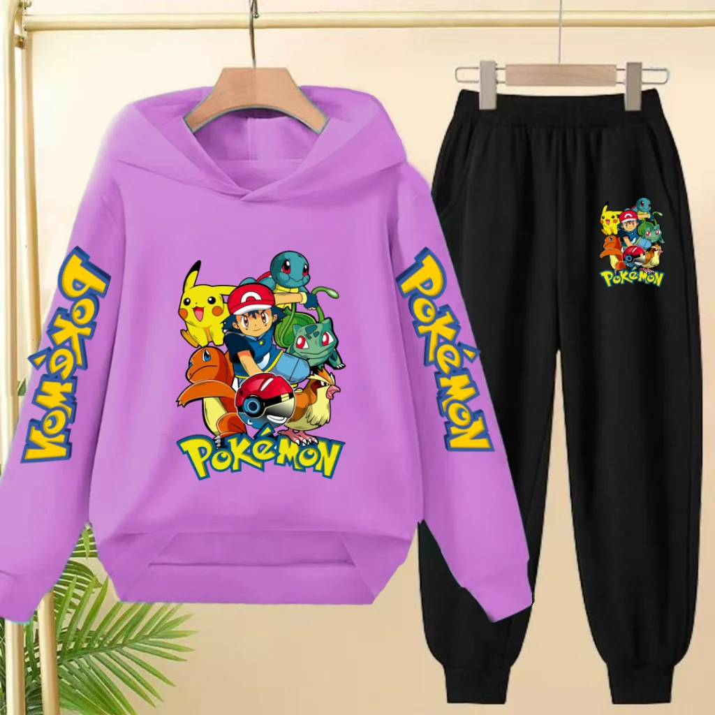 Children Kawaii Pokemons Long sleeves Hoodie Boy Girl 3-12Yrs Clothing Pikachu Sweatshirt Top+Pants Two-piece Casual Jogging Set - Image 3