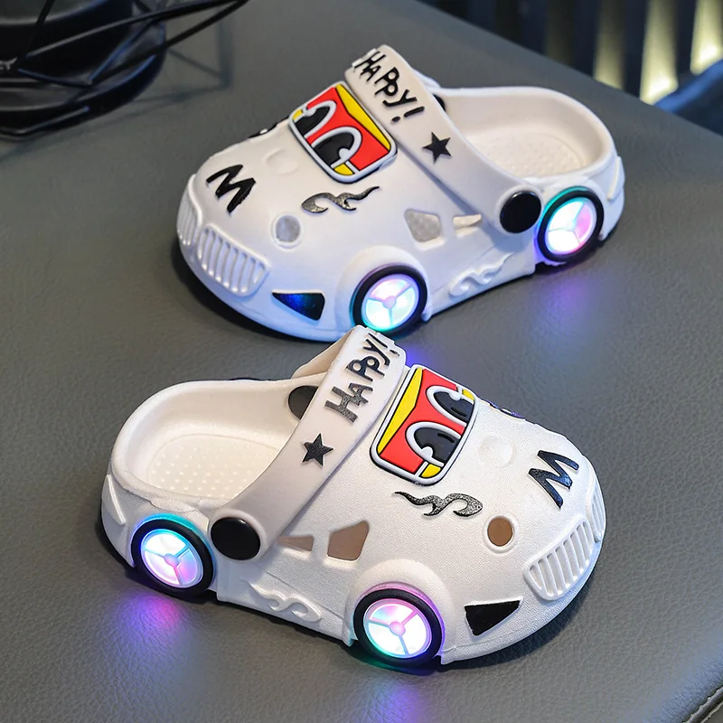 Children Slippers Summer New Boys Car Shaped Wheels Will Light Up Anti Slip Soft Bottom Baby Girls Beach Slippers