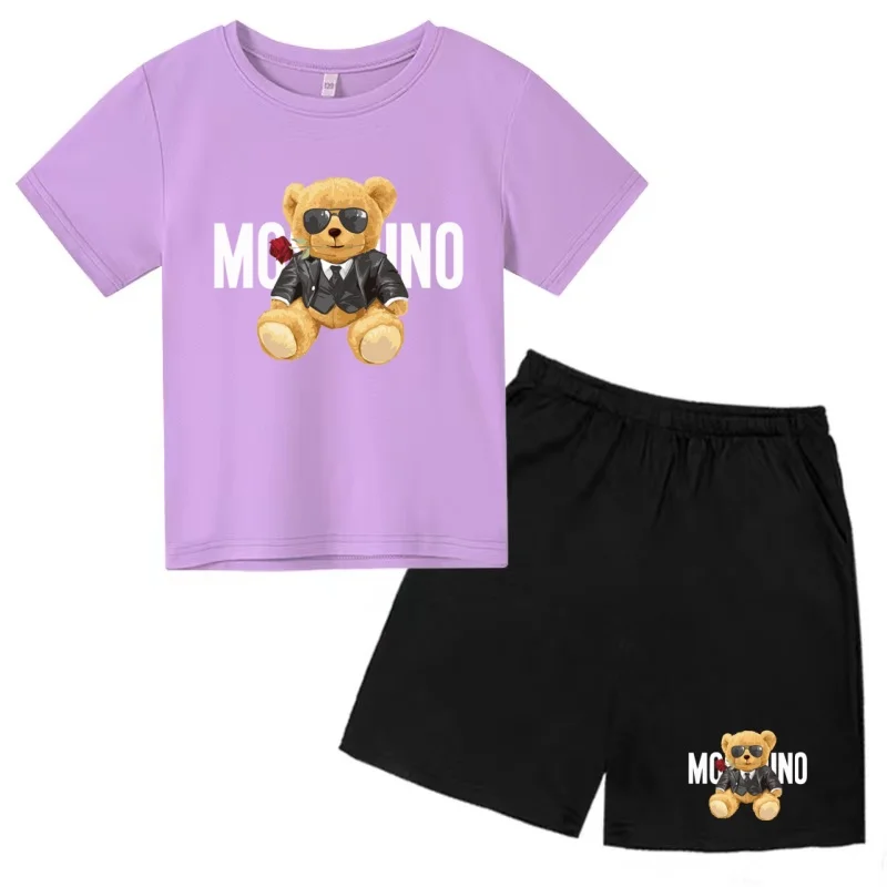 Children Summer Charming Rose Letter Bear Print T-shirt+Shorts Set Boys Girls 3-12Yrs Casual Toddler Sports First Choice Clothes - Image 6