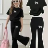 Children's Clothing Girls' Set 2026 New Style for Girls Aged 4-12, Regular Short-Sleeve Top and Flared Pants Two-Piece Set, Simple Bow Print Clothing, Versatile for Home and Outings