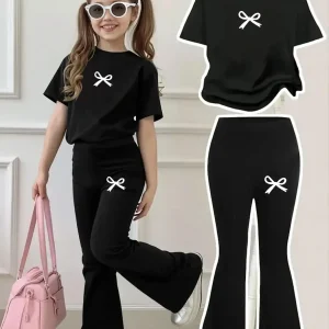 Children's Clothing Girls' Set 2026 New Style for Girls Aged 4-12, Regular Short-Sleeve Top and Flared Pants Two-Piece Set, Simple Bow Print Clothing, Versatile for Home and Outings