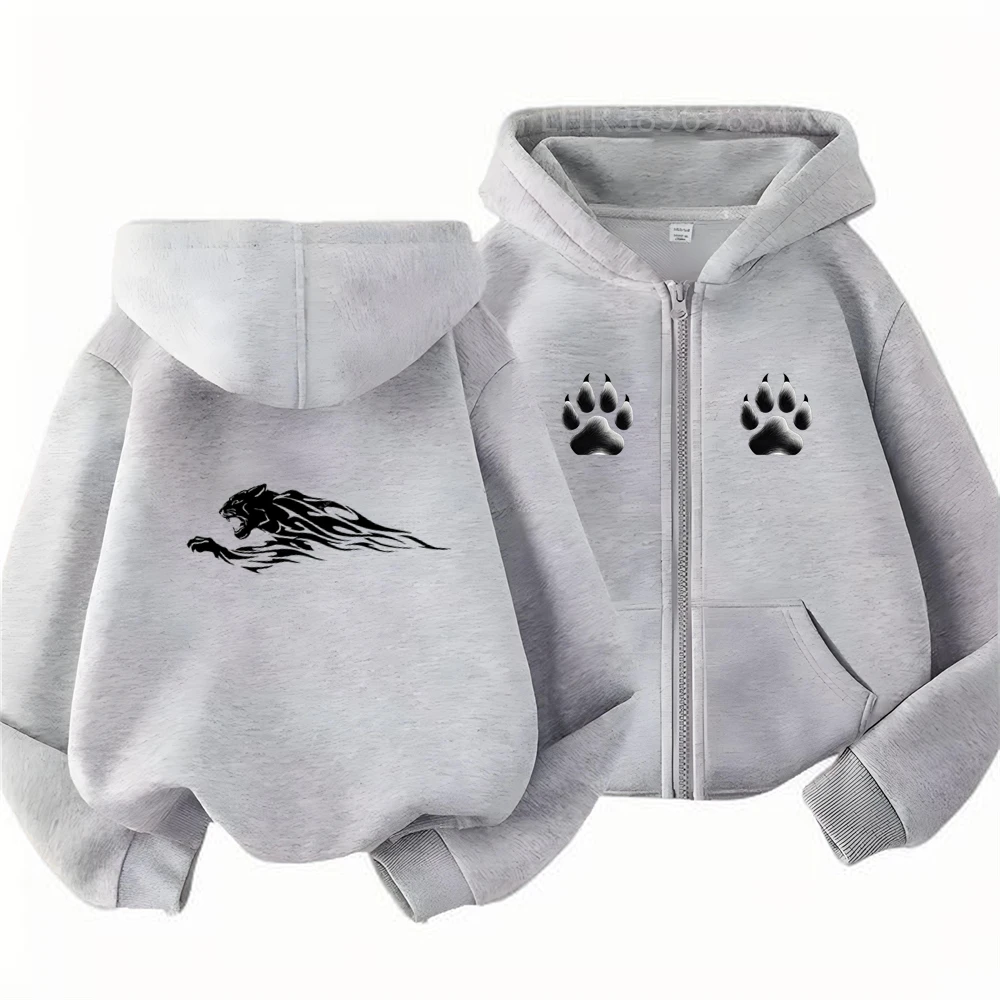 Children's Hoodie 3-12 Years Girl Boy Zip Up Cardigan Tops Cougar Print Pattern Pink Black Autumn Long Sleeve Clothing New