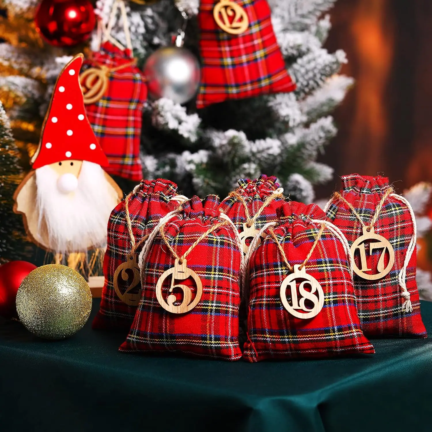 Christmas 24 Days Advent Calendar 2026 Xmas Countdown Buffalo Check Jewelry Bags with 24 Pieces Wooden Numbers for Christmas - Image 2