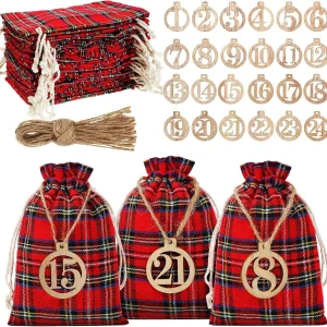 Christmas 24 Days Advent Calendar 2026 Xmas Countdown Buffalo Check Jewelry Bags with 24 Pieces Wooden Numbers for Christmas