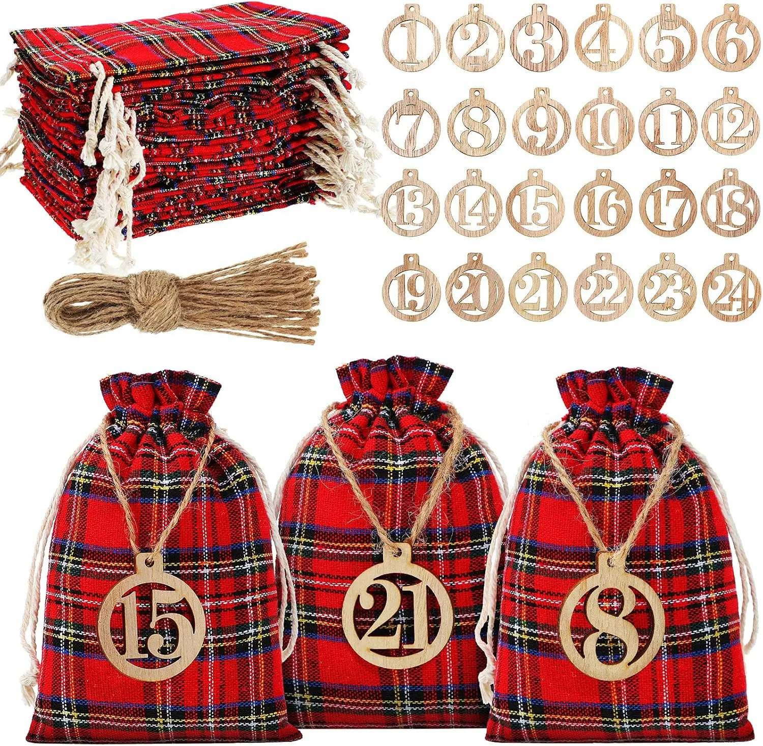 Christmas 24 Days Advent Calendar 2026 Xmas Countdown Buffalo Check Jewelry Bags with 24 Pieces Wooden Numbers for Christmas