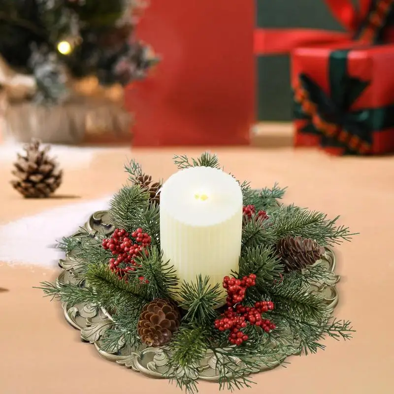 Christmas Candle Rings Table Decoration Christmas Wreath Candle Holder Ring Red Berries Table Centerpieces Candle Wreath - Image 2