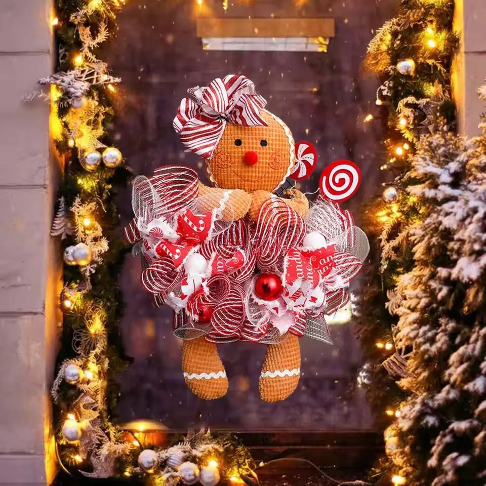 Christmas Door Wreath Christmas Gingerbread Man Doll Wreath Christmas Gingerbread Hanging Sign Christmas Front Door Decorations - Image 2