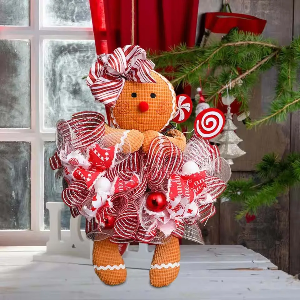 Christmas Door Wreath Christmas Gingerbread Man Doll Wreath Christmas Gingerbread Hanging Sign Christmas Front Door Decorations - Image 4