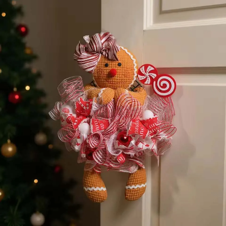 Christmas Door Wreath Christmas Gingerbread Man Doll Wreath Christmas Gingerbread Hanging Sign Christmas Front Door Decorations - Image 3
