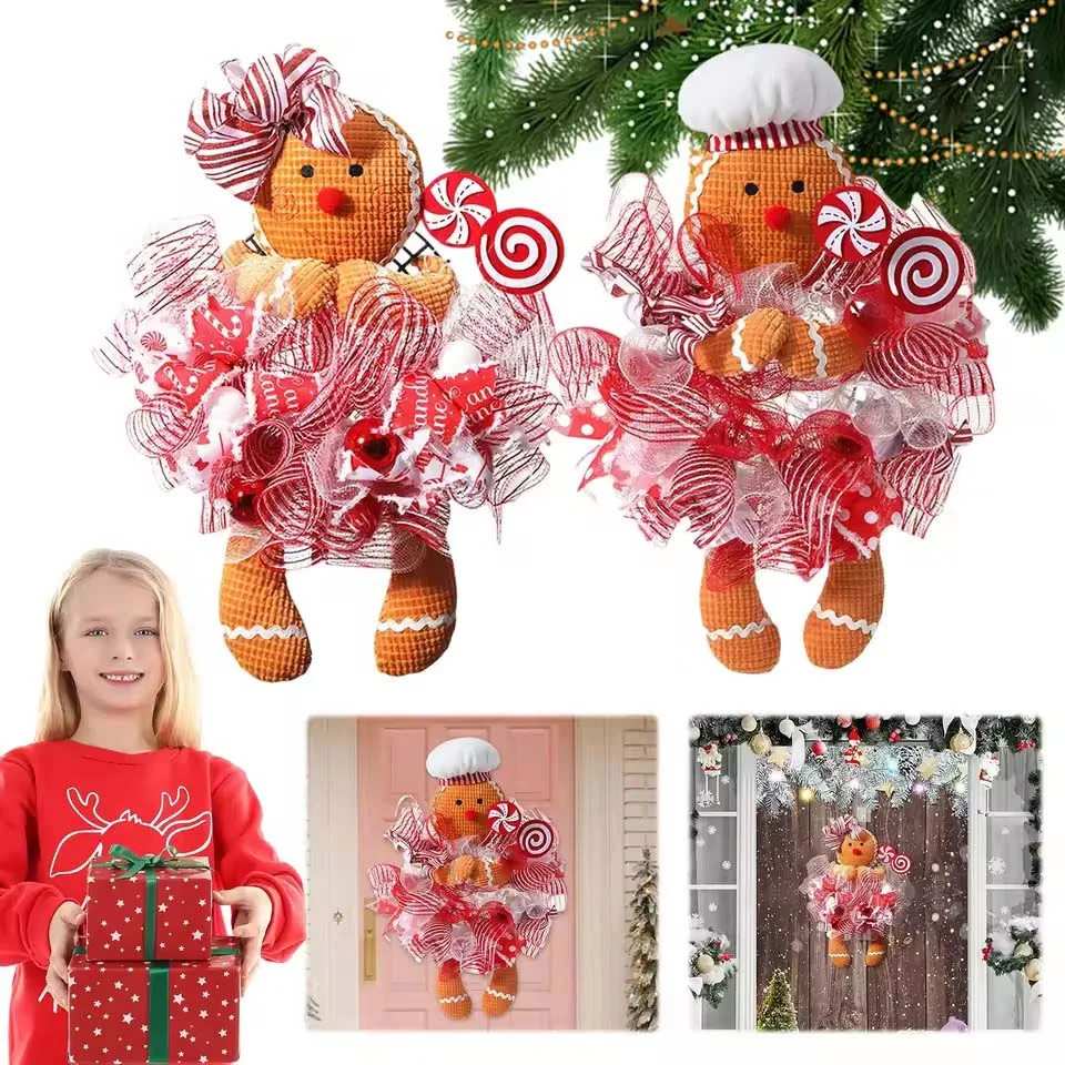 Christmas Door Wreath Christmas Gingerbread Man Doll Wreath Christmas Gingerbread Hanging Sign Christmas Front Door Decorations