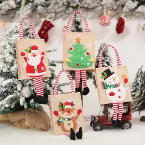 Christmas Gift Bag Navidad Cute Cartoon Linen Reusable Xmas Gift Wrapper Santa Claus Snowman Decoration Long Legged Handbag