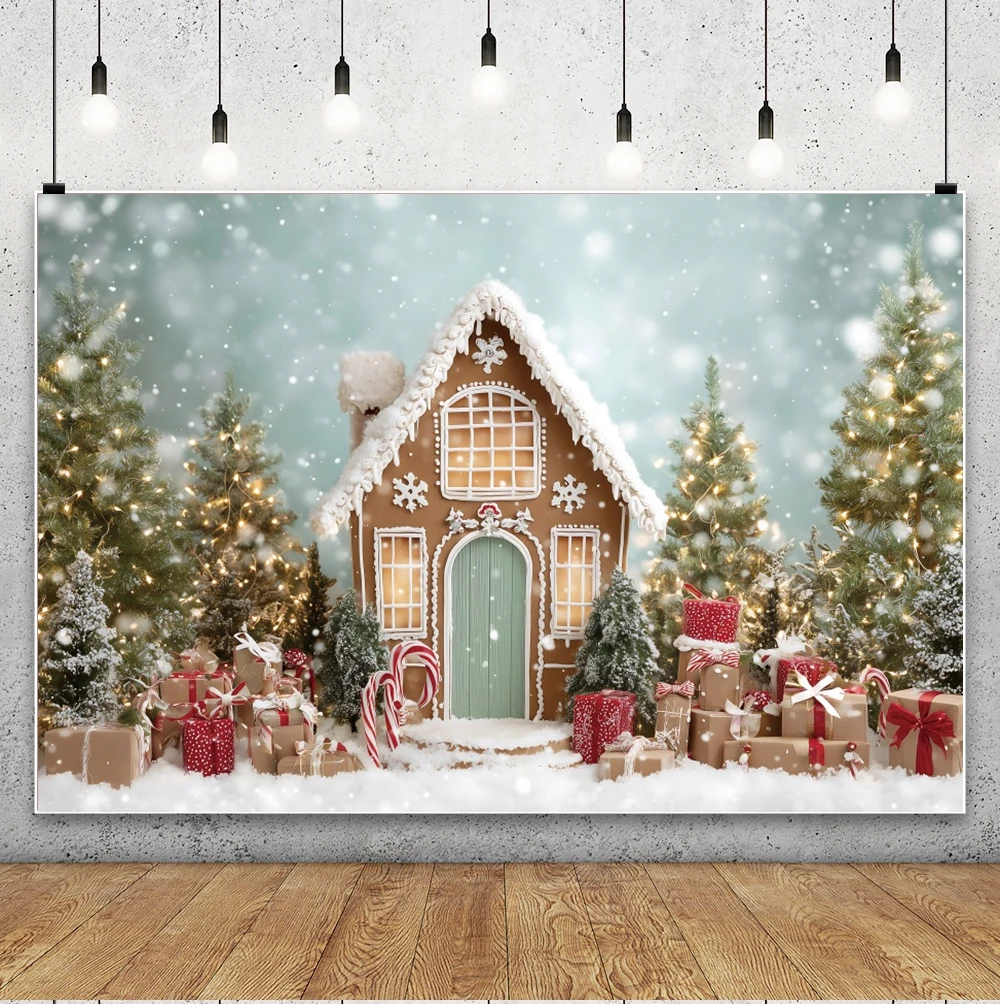 Christmas Gingerbread House Photography Backdrop Xmas Tree Gifts Snow Winter Christmas Background Baby Kids Art Portrait Decor - Image 2