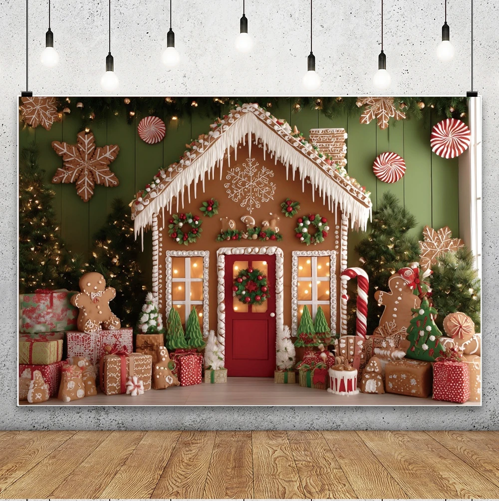 Christmas Gingerbread House Photography Backdrop Xmas Tree Gifts Snow Winter Christmas Background Baby Kids Art Portrait Decor - Image 3