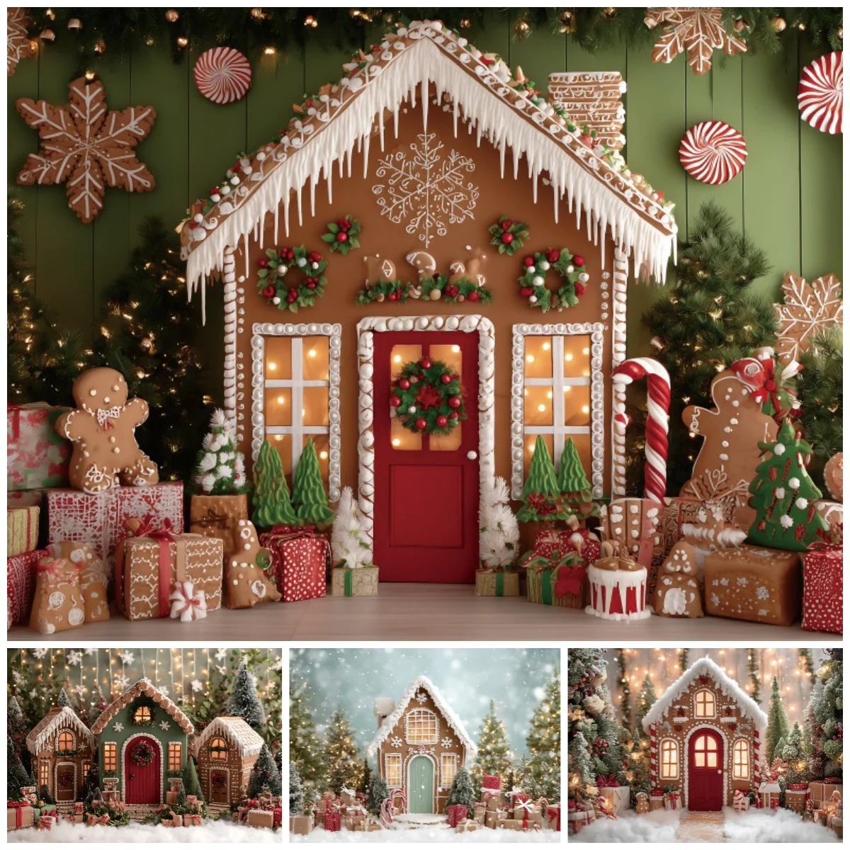 Christmas Gingerbread House Photography Backdrop Xmas Tree Gifts Snow Winter Christmas Background Baby Kids Art Portrait Decor
