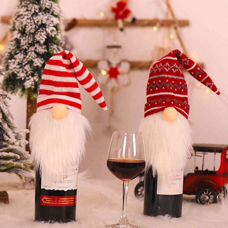 Christmas Navidad Wine Bottle Caps Faceless Old Man Knitted Wool Wine Bottle Cover Santa Claus Red Gift Bags Holder Dust XMAS - Image 2