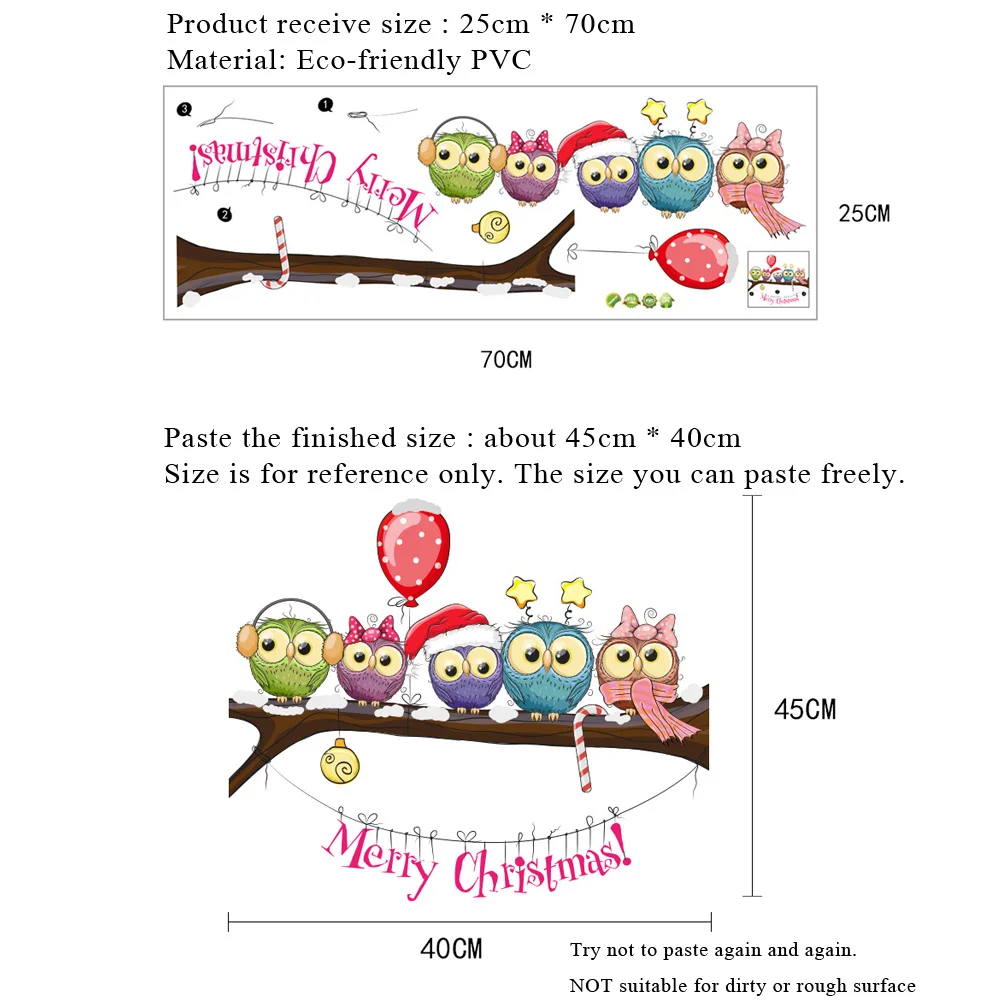 Christmas Owl On Branch Wall Stickers For Home Decor Mural Living Room Decoration Wallpaper Glass Window New Year Festival Decal - Image 2