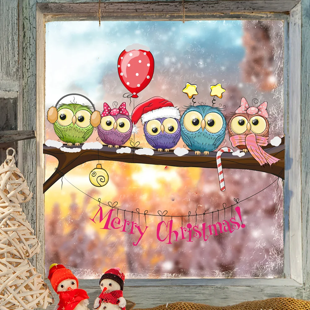 Christmas Owl On Branch Wall Stickers For Home Decor Mural Living Room Decoration Wallpaper Glass Window New Year Festival Decal