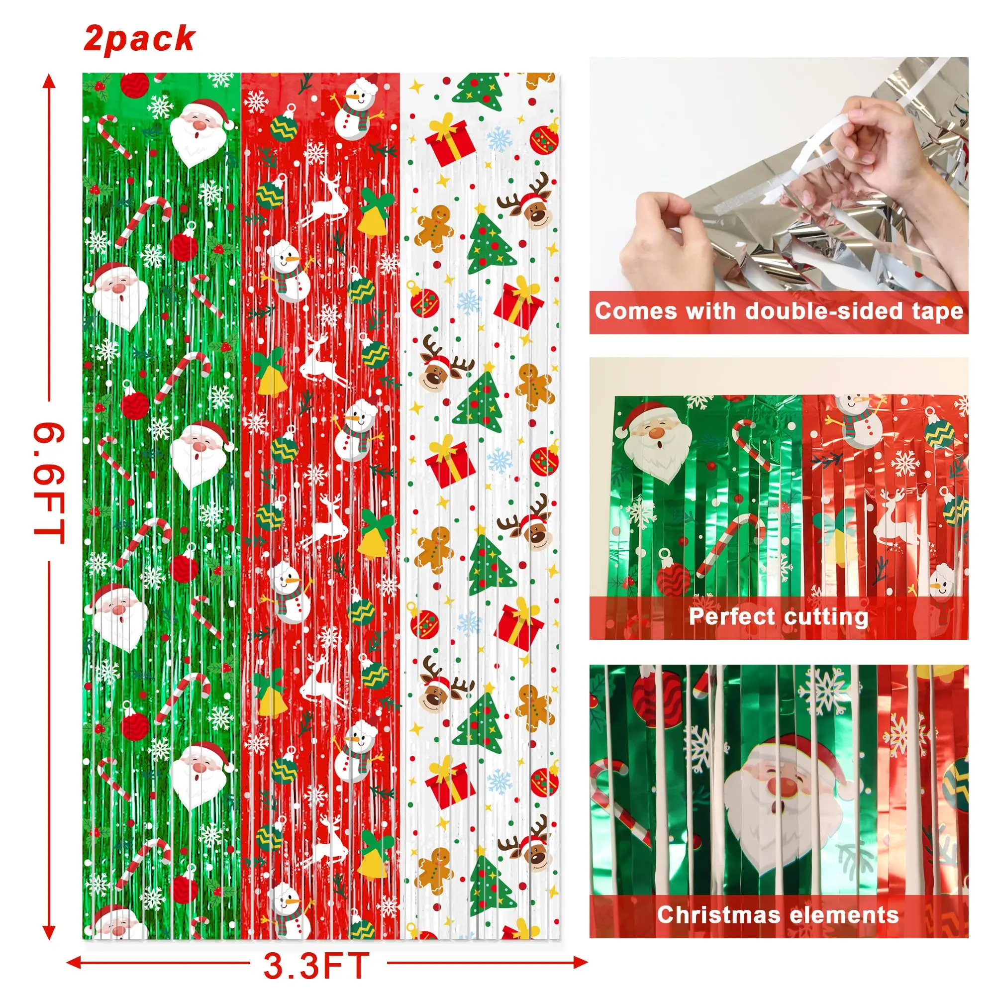 Christmas Party Decorations Red Green White Tinsel Foil Fringe Curtains 2 Pack for Door Wall Xmas Christmas Party Photo Backdrop - Image 2