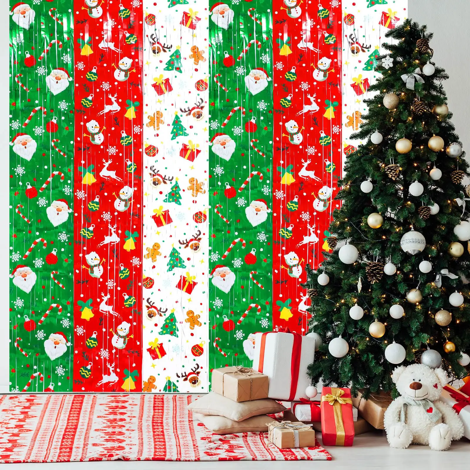 Christmas Party Decorations Red Green White Tinsel Foil Fringe Curtains 2 Pack for Door Wall Xmas Christmas Party Photo Backdrop - Image 6