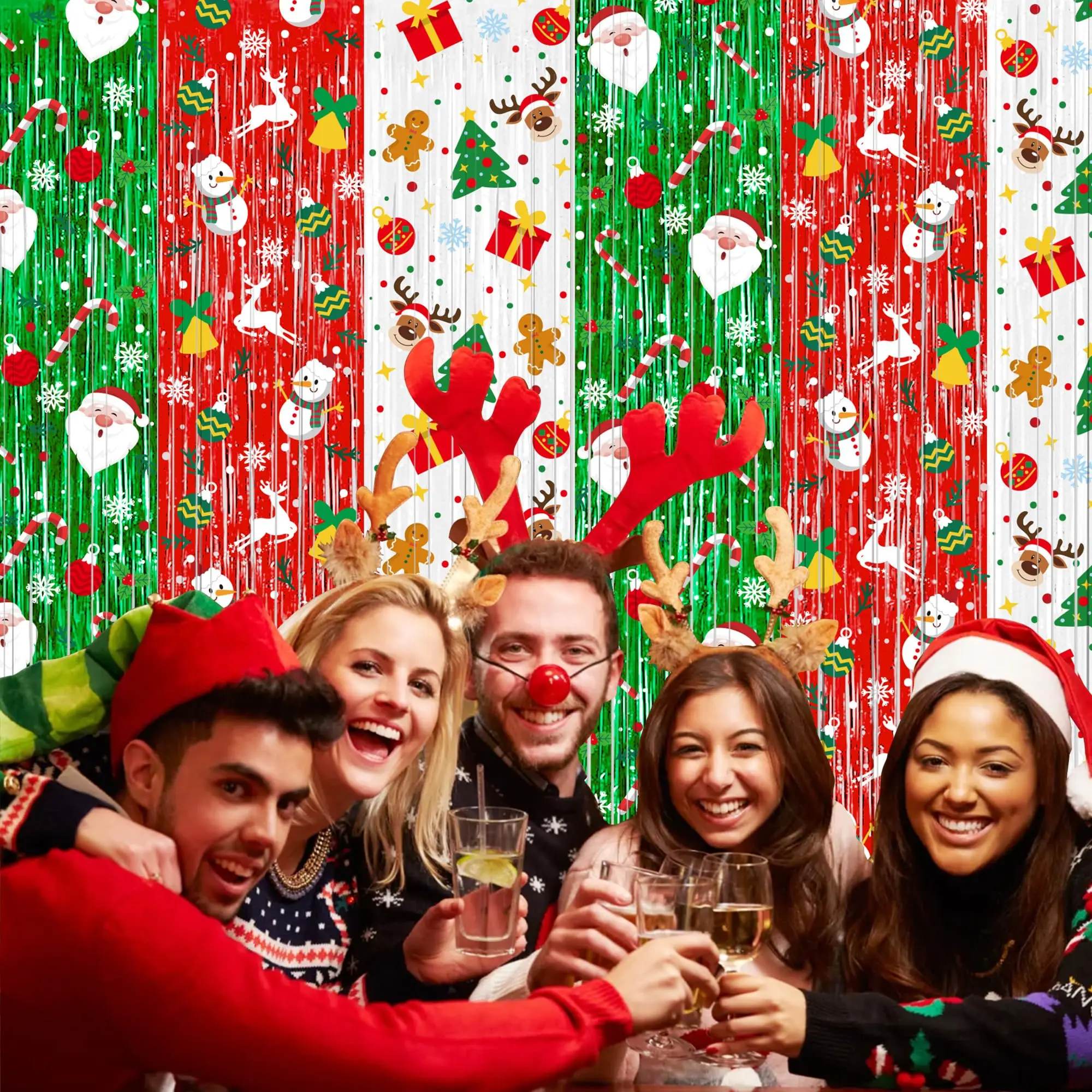 Christmas Party Decorations Red Green White Tinsel Foil Fringe Curtains 2 Pack for Door Wall Xmas Christmas Party Photo Backdrop - Image 3