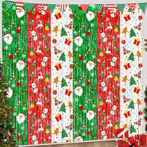 Christmas Party Decorations Red Green White Tinsel Foil Fringe Curtains 2 Pack for Door Wall Xmas Christmas Party Photo Backdrop