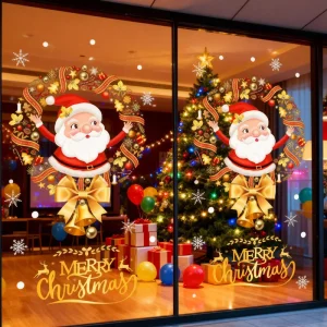 Christmas Santa Snowflake Window Stickers Static Cling Glass Decals for Shop Window Home Party Decoration Reusable Holiday Decor