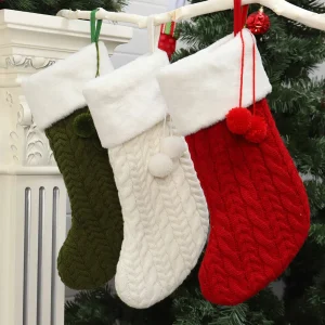Christmas Stocking Knitted Wool Hair Ball Sock Green Holiday Gift Pouch for Storage Hanging Ornament on Tree Wall Door
