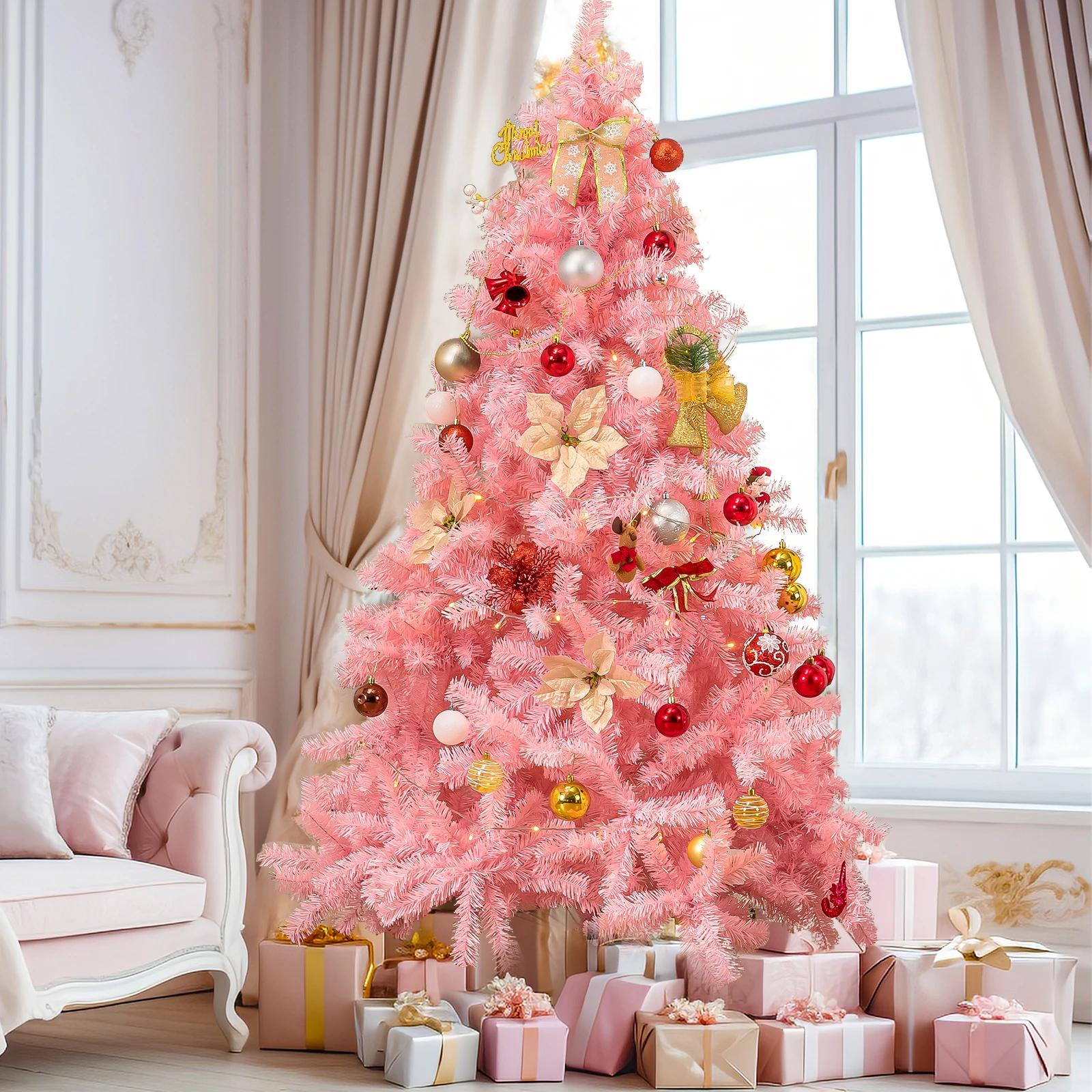 Christmas Tree 6ft, Pink Artificial Christmas Tree with 800 Tips Xmas 180CM Tree for Holiday Decorations