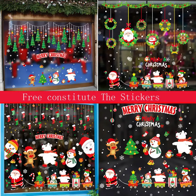 Christmas Window Clings PVC Stickers Decoration Santa Claus Xmas Tree Navidad Stocking Pattern Stickers For Home New Year Decals