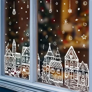 Christmas Window Clings, White Gingerbread Town & Snowflake Reusable Static Stickers for Holiday Home Decor