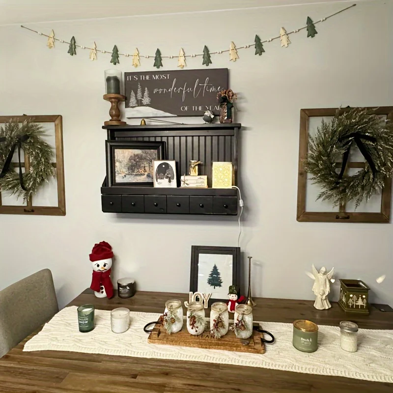 Christmas Wooden Wreath with 12 Trees and Beads for Winter Holiday Fireplace Decoration - Image 2