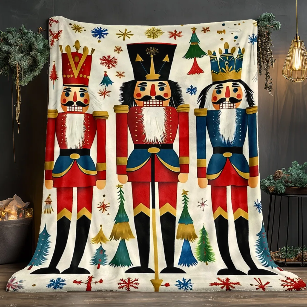 Christmas nutcracker soldier red blue uniform snowflake tree pattern festive holiday flannel blanket home decoration winter - Image 2