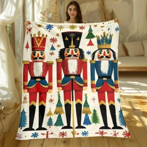 Christmas nutcracker soldier red blue uniform snowflake tree pattern festive holiday flannel blanket home decoration winter