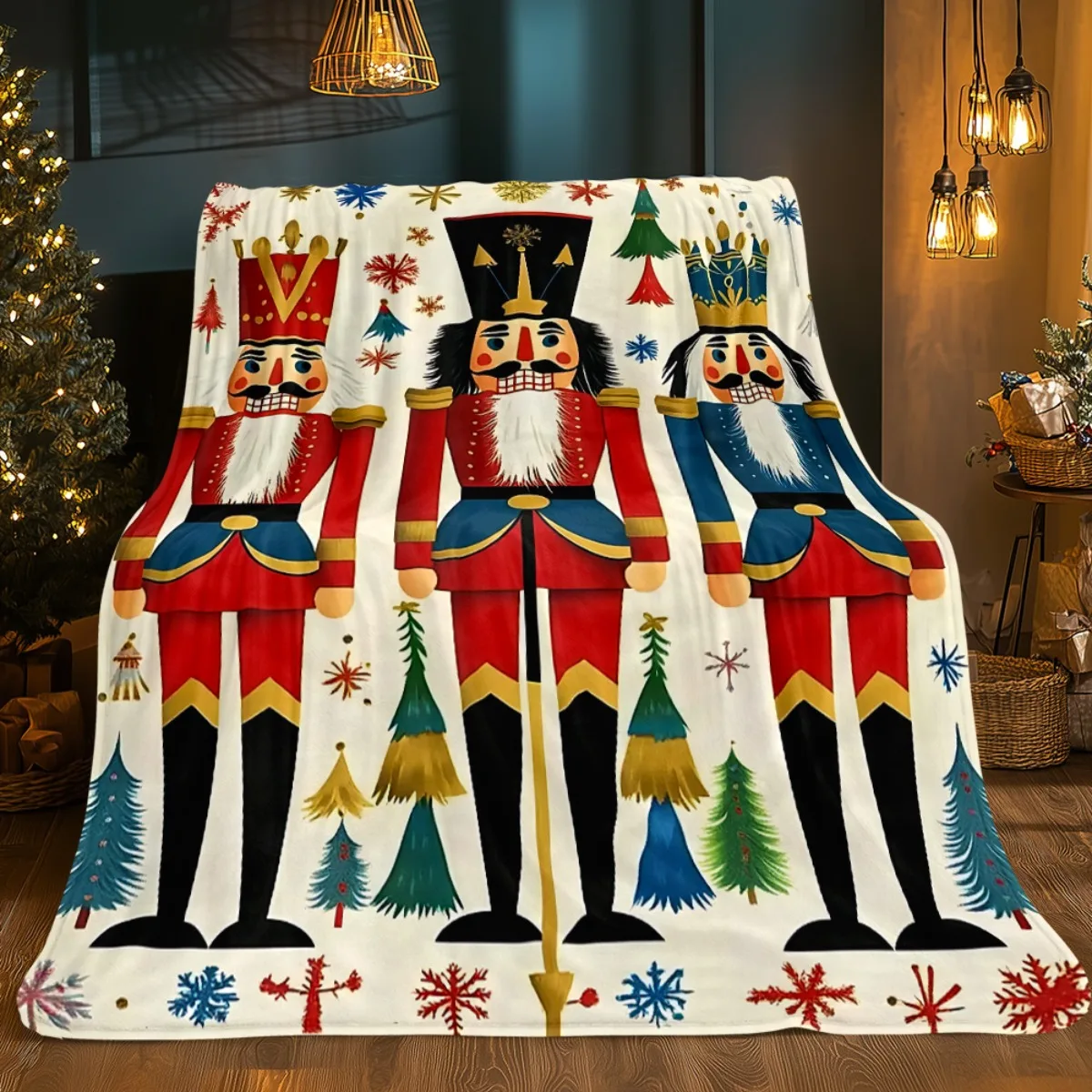 Christmas nutcracker soldier red blue uniform snowflake tree pattern festive holiday flannel blanket home decoration winter - Image 5