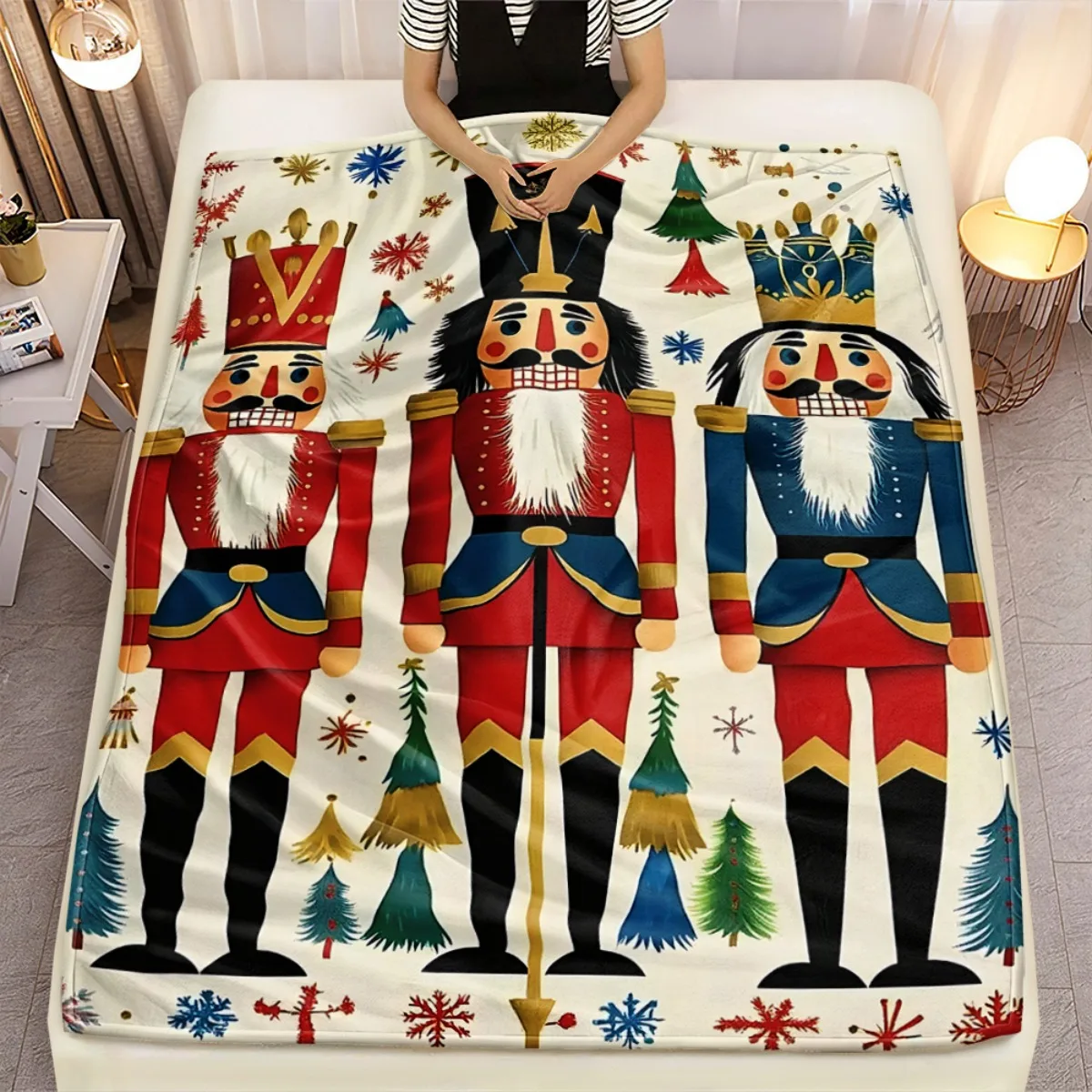 Christmas nutcracker soldier red blue uniform snowflake tree pattern festive holiday flannel blanket home decoration winter - Image 7