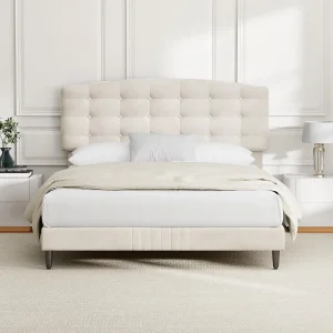 CozyLiving Double Upholstered Bed Frame with Cozy Button Tufted Headboard & Adjustable Height, Wood Slat Support, No Box Spring Needed - CHEYENNE