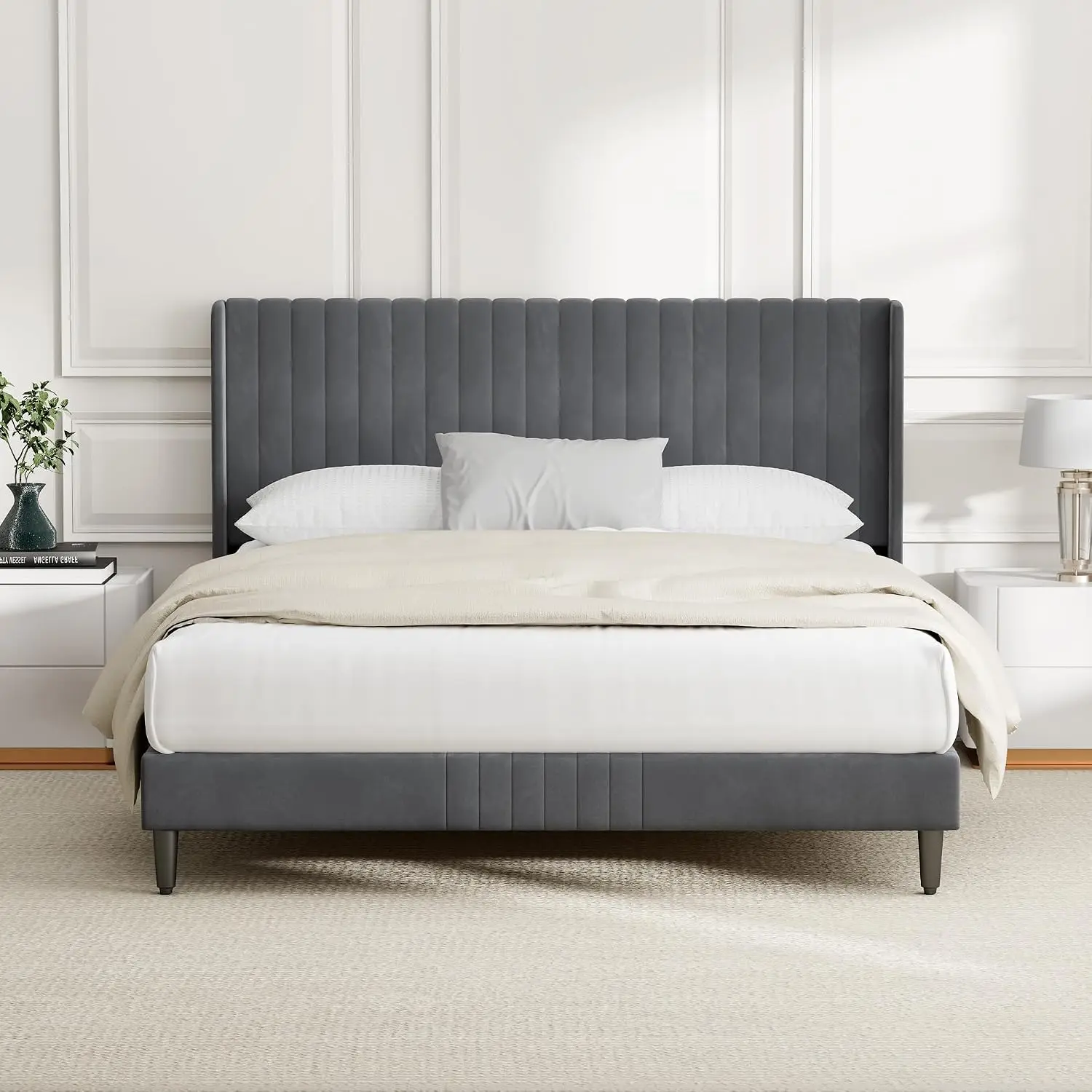 CozyLiving Double Upholstered Bed Frame with Cozy Tufted Headboard, Wood Slat Support, No Box Spring Needed - CHARLIE (Beige) - Image 3