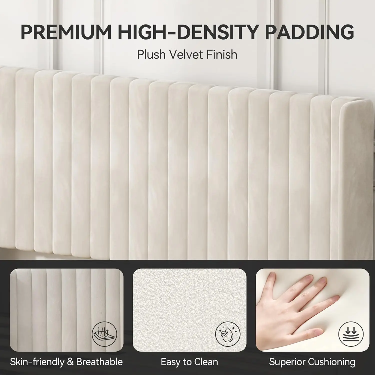 CozyLiving Double Upholstered Bed Frame with Cozy Tufted Headboard, Wood Slat Support, No Box Spring Needed - CHARLIE (Beige) - Image 5